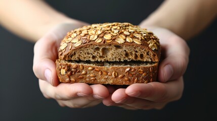 Sticker -   A tight shot of an individual gripping a loaf of bread adorned with sesame seeds