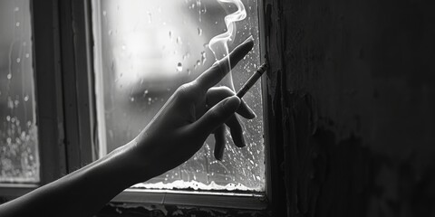 Canvas Print - A person holding a cigarette in front of a window. Suitable for lifestyle and addiction concepts