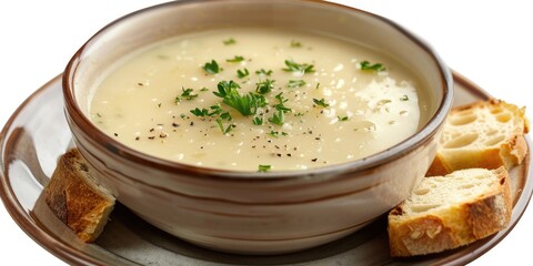 Sticker - A comforting bowl of soup with a side of bread. Perfect for food and cooking concepts