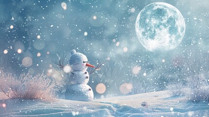 Sticker - Snowman standing in snowy field with a full moon in the background. Suitable for winter holiday concepts