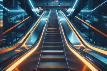 Modern escalator with orange lighting, suitable for urban themes or architectural concepts