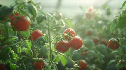 Poster - Image of ripe tomatoes growing in a greenhouse. Perfect for agricultural and gardening concepts