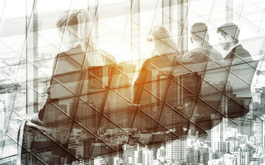 Wall Mural - double exposure image of faded business abstract background with office building and people conferen