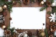 A wooden frame adorned with pine cones and decorations. Perfect for holiday projects