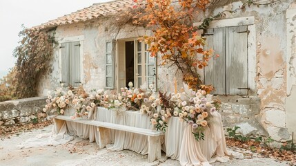   A long table, adorned with flowers, sits in front of a building featuring shutters and an open window