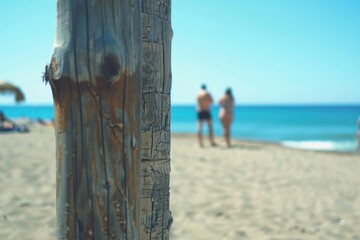 Canvas Print - A wooden pole standing on a sandy beach with people in the background. Perfect for travel and vacation themes