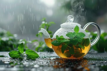 Glass tea pot filled with green leaves, suitable for tea or wellness concept