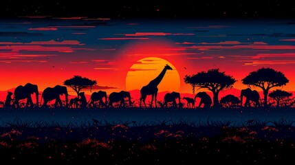 Sticker -   A group of elephants and giraffes silhouette against an orange and blue sunset sky