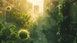 Pollen Particles Floating Through Sunlit Urban Alley Overgrown with Lush Greenery