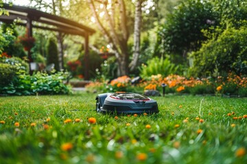 This image captures a robotic lawn mower keeping the grass short in a colorful, well-kept garden with vibrant flowers