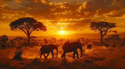 Wall Mural -   A herd of elephants atop a grass-covered field, beneath an orange-yellow clouded sky