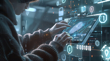 a person using a tablet device, with a blend of graphical digital icons and binary code overlaying the scene