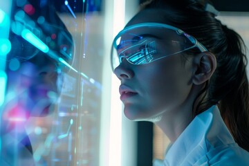 Leinwandbilder - A female scientist examines advanced holographic interfaces in a high-tech laboratory setting, suggesting innovation