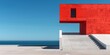 A red building with a window and steps next to the ocean, AI