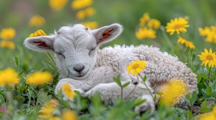 Poster -   A baby sheep rests in a dandelion field, its head nestled against its mother's side