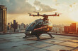Photo of a flying taxi standing on the roof during daylight hours, innovation, development in mechanical engineering