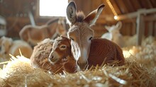   A Couple Of Animals Lie On A Large Pile Of Hay, Near Another Pile Of Hay Atop A Lower Stack