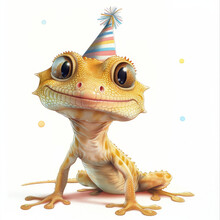 Children's Book Illustration Of A Cute Crested Gecko Lizard Wearing A Party Hat