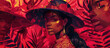 Young African American woman wearing a wide-brimmed hat on a red background. Illustration for Liberation Day. Black History Month Card