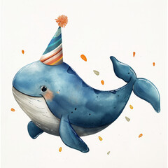Wall Mural - Children's book illustration of a whale wearing a party hat