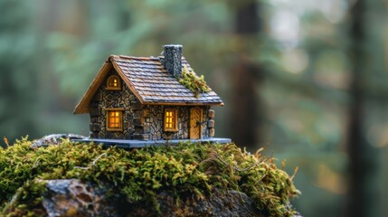 Sticker - A miniature house sitting on top of a rock in the woods, AI