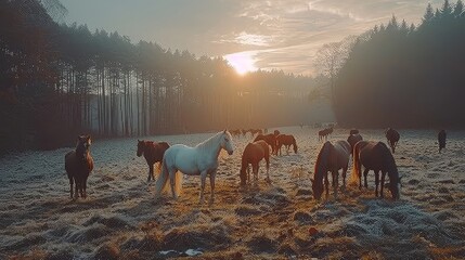 Wall Mural -   A herd of horses grazes atop a snow-covered field, bordering a forest Sunset casts an amber glow; sunlight filters through tree branches