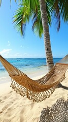 Sticker - Hammock on beach under palm tree with blue sky and ocean, AI