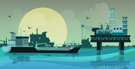 Oil production industry. Petroleum extraction, output and development. Mining operation. Modern oil rig in the sea and tanker. Moon night in the background. Realistic design. Vector illustration