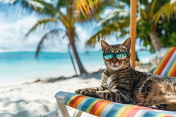 Wall Mural - A cat is laying on a beach chair with sunglasses on its face. Summer heat concept