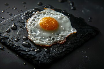 Wall Mural - Fried chicken egg on a black textured stone surface. Background with selective focus and copy space