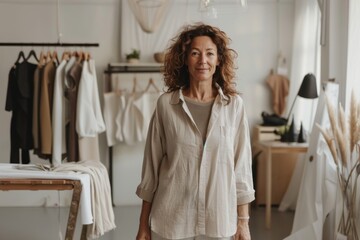 A smiling woman stands in her modern clothing studio, surrounded by designer garments and stylish decor