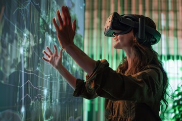 Poster - A woman wearing VR goggles is seemingly touching and interacting with virtual graphics