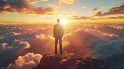 Canvas Print - A man stands on a mountain top, looking out at the horizon. Business concept, background