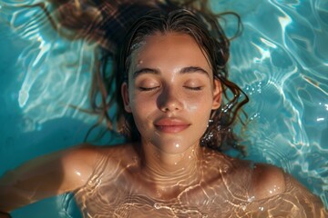 Wall Mural - A woman is floating in a pool with her hair wet. Summer vacation concept, background