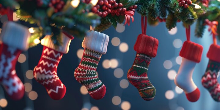 Festive image of stockings hanging from a Christmas tree