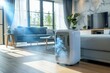 A white portable air conditioner is sitting on a wooden floor in a living room. Summer heat concept