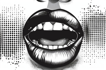 Wall Mural - Opened woman mouth in scream as retro halftone collage elements for mixed media design. Lips in halftone texture, dotted pop art style. Vector illustration of vintage grunge punk crazy art templates. 