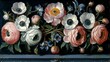   A painting of blooms in white, pink, blue, and yellow against a black backdrop