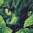 A captivating illustration of a cat enraptured by the scent of catnip, ideal for feline enthusiasts and natural remedy themes.