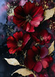 Elegant dark red flowers alcohol ink background with gold glitter elements