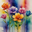 poster of beautiful magical flowers, each in its own unique color of the rainbow.  Joyful fairytale mood. watercolor painting.