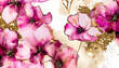 Elegant pink flowers alcohol ink background with gold glitter elements