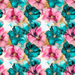 seamless pattern of elegant pink and teal flowers alcohol ink background with gold glitter elements