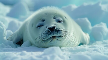 Wall Mural -   A close-up of a baby seal resting on a bed of snow with its eyes closed