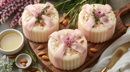 Poster -   A few soaps atop a wooden cutting board, beside a yogurt cup