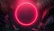 Red neon glowing circle frame hovering at jungle, empty copy space in middle. Generative AI