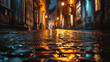 Rainy night scene with cobble stone in Downtown