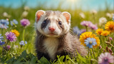 Fototapeta Do akwarium - cute ferret  looking on the summer lawn, flowers