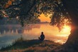 Serenity: person meditating by a peaceful lakeside at sunset