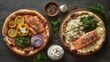   Two pizzas atop a table, accompanied by a bowl of vegetables and a separate bowl of sauce